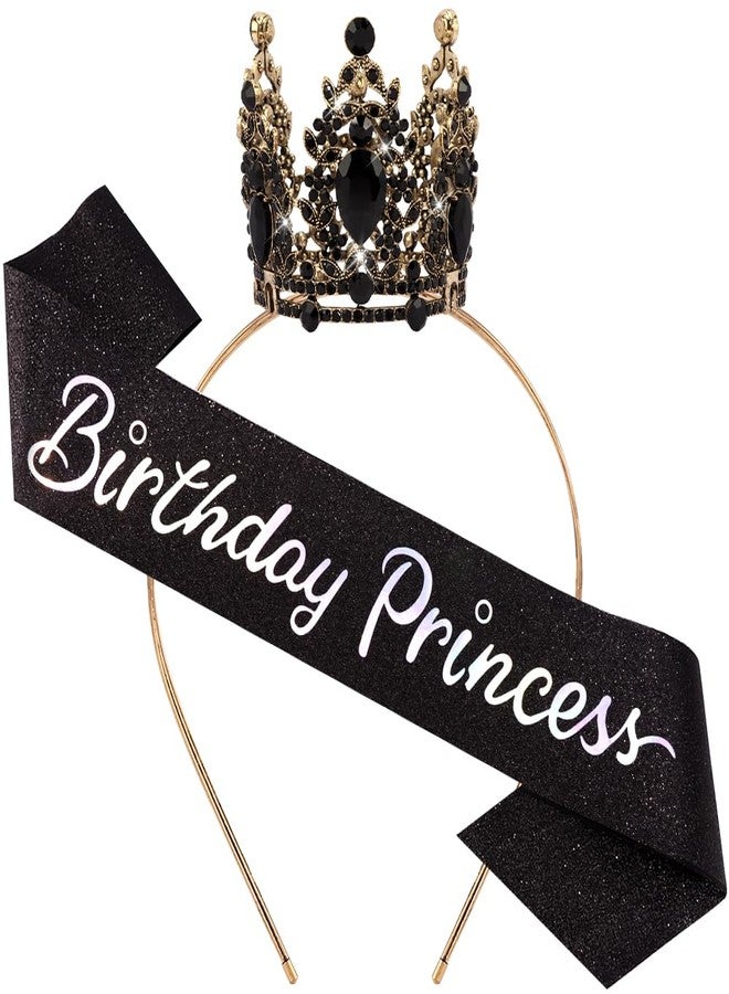 AOPRIE Birthday Princess Sash for Women Tiara & Crowns Headbands for Girls Happy Birthday Party Accessories Favor Supllies Leona Gold Black Pink, 2 Pack - Image 1